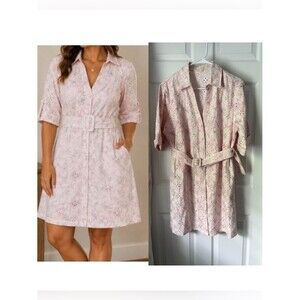 Solitaire Floral Eyelet Barbie Barbiecore Shirt Dress Belted cotton sz L